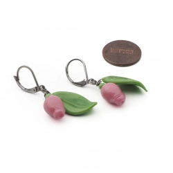 Pair Czech lampwork pink berry green leaf glass bead earrings