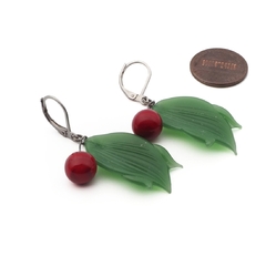 Pair Czech lampwork red berry green leaf glass bead earrings