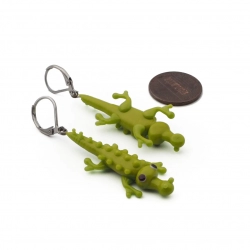 Pair Czech lampwork green crocodile glass bead earrings