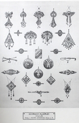 Art Nouveau ring, pendant and brooch technical design print catalogue page "Schmuck-Allerlei" Germany