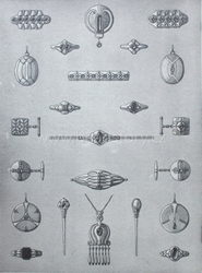 Art Nouveau brooch, cufflink, ring, hatpin technical design print catalogue page German 1900's