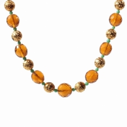Vintage necklace Czech topaz amber Art Deco glass beads gold metal ball beads