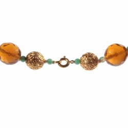 Vintage necklace Czech topaz amber Art Deco glass beads gold metal ball beads