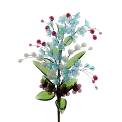 Czech lampwork glass bead white, blue and cranberry flower bouquet ornament