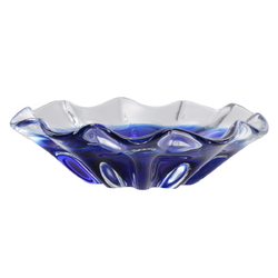 Vintage Czech sapphire blue crystal bicolor fluted glass bowl Chribska Sommerso Mid Century modern