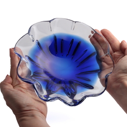 Vintage Czech sapphire blue crystal bicolor fluted glass bowl Chribska Sommerso Mid Century modern