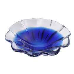 Vintage Czech sapphire blue crystal bicolor fluted glass bowl Chribska Sommerso Mid Century modern