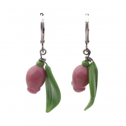 Pair Czech lampwork pink berry green leaf glass bead earrings