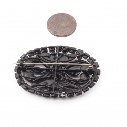 Czech Antique Victorian pierced openwork jet black mourning glass pin brooch