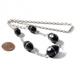 Vintage Bauhaus Art Deco chrome chain necklace galalith black cone faceted beads chrome spacers