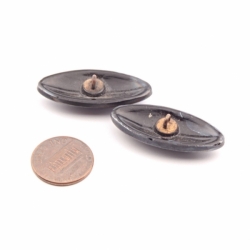 Lot (2) 35mm antique Victorian Czech metallic iridescent oval ribbed weave design black glass buttons