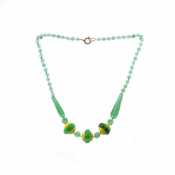 Vintage Czech necklace yellow uranium green teardrop English cut rondelle glass beads