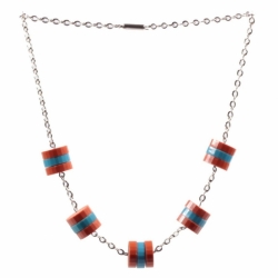 Vintage Art Deco Bauhaus chrome chain necklace galalith plastic blue brown rondelle faceted beads Jakob Bengel