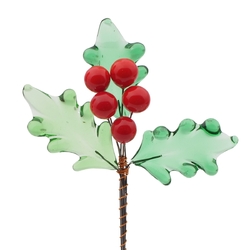 Czech lampwork glass bead Christmas holly leaves and berries stem ornament