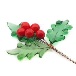 Czech lampwork glass bead Christmas holly leaves and berries stem ornament