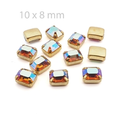 Lot 12 pcs Vintage AB Topaz glue soldering Cushion Octagon Brass prong setting 10x8 mm faceted rhinestones wedding table fancy chaton stones