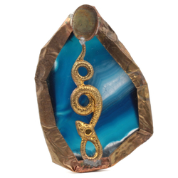 Vintage Metal Wrapped Natural Blue Agate Slice Snake Serpent Necklace