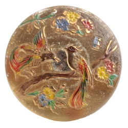 Czech hand painted floral gold gilt tropical exotic bird lacy style glass button 27mm