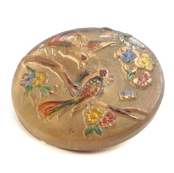 Czech hand painted floral gold gilt tropical exotic bird lacy style glass button 27mm