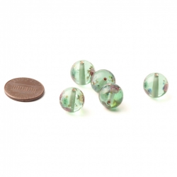 Lot (5) 12mm vintage Czech pink satin floral spatter pale green lampwork glass beads