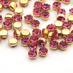 Lot 50 pcs Vintage Fuchsia Pink glue soldering round Brass Montees 7 mm faceted MC rhinestones Preciosa fancy chaton stones