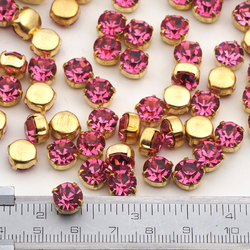 Lot 50 pcs Vintage Fuchsia Pink glue soldering round Brass Montees 8 mm faceted MC rhinestones Preciosa fancy chaton stones