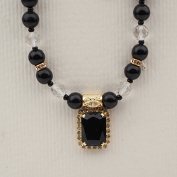 Vintage Czech necklace black clear glass beads rhinestone pendant