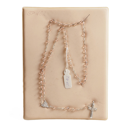 Vintage 5 decade religious rosary crucifix rosaline pink faceted Czech glass beads sample card