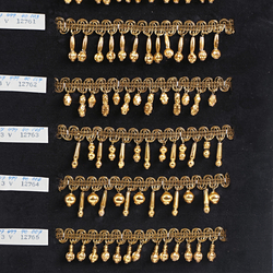 Vintage Czech 24 K gold hollow dangle drop beads ribbon lace trims lamp fringe dress millinery dolls sample card