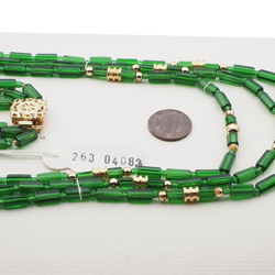 Vintage Czech 3 strand necklace transparent green pentagon gold glass beads 16"