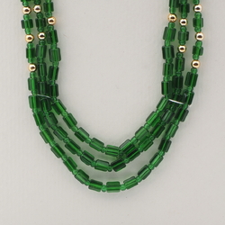 Vintage Czech 3 strand necklace transparent green pentagon gold glass beads 16"