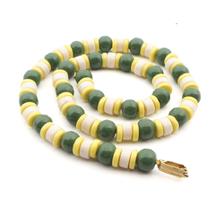 Vintage 18" German necklace green yellow rondelles glass beads marked Ges Gesch