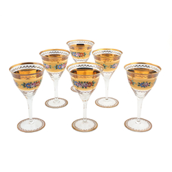 Set 6 Antique Bohemian Crystal hand painted Victorian drinking glasses gold gilt floral theme