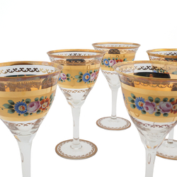 Set 6 Antique Bohemian Crystal hand painted Victorian drinking glasses gold gilt floral theme