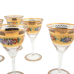 Set 6 Antique Bohemian Crystal hand painted Victorian drinking glasses gold gilt floral theme