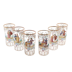 Set 6 Antique Crystal hand painted Victorian drinking glass Tumblers Rococo style Figural floral