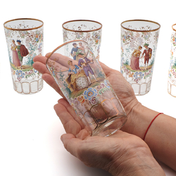 Set 6 Antique Crystal hand painted Victorian drinking glass Tumblers Rococo style Figural floral