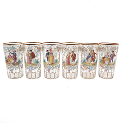 Set 6 Antique Crystal hand painted Victorian drinking glass Tumblers Rococo style Figural floral