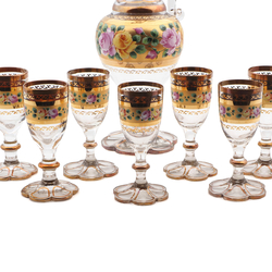 Antique Bohemian Art Glass Decanter Set Hand Made painted Gold gilt floral Decanter Pitcher 7 drinking Glasses