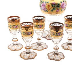 Antique Bohemian Art Glass Decanter Set Hand Made painted Gold gilt floral Decanter Pitcher 7 drinking Glasses