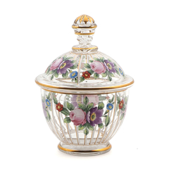 Antique Bohemian painted crystal Glass Sugar Bowl Jar Enamelled Floral Design Moser