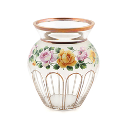 Antique Bohemian 5" Moser Roses Floral Ball shape crystal Glass Vase Enamelled painted Gold Faceted