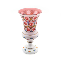 Antique Bohemian 9" cranberry pink overlay crystal vase white opaline layer cut decorated enamel flowers