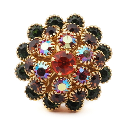 Czech ruby red orange AB rhinestone gold tone metal button bead 22mm