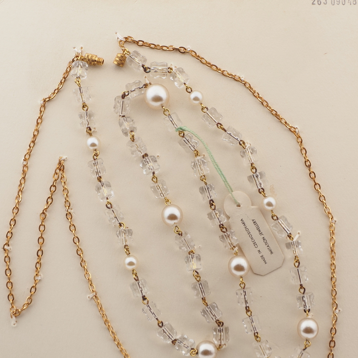 Vintage Czech gold chain necklace clear pentagon pearl glass beads 23