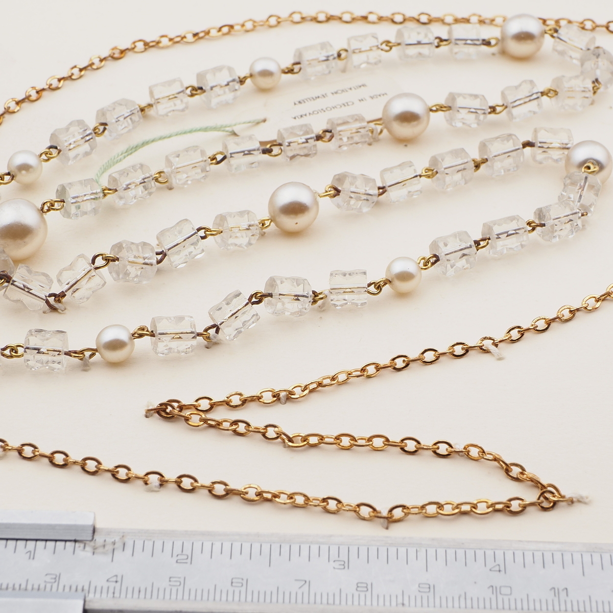 Vintage Czech gold chain necklace clear pentagon pearl glass beads 23