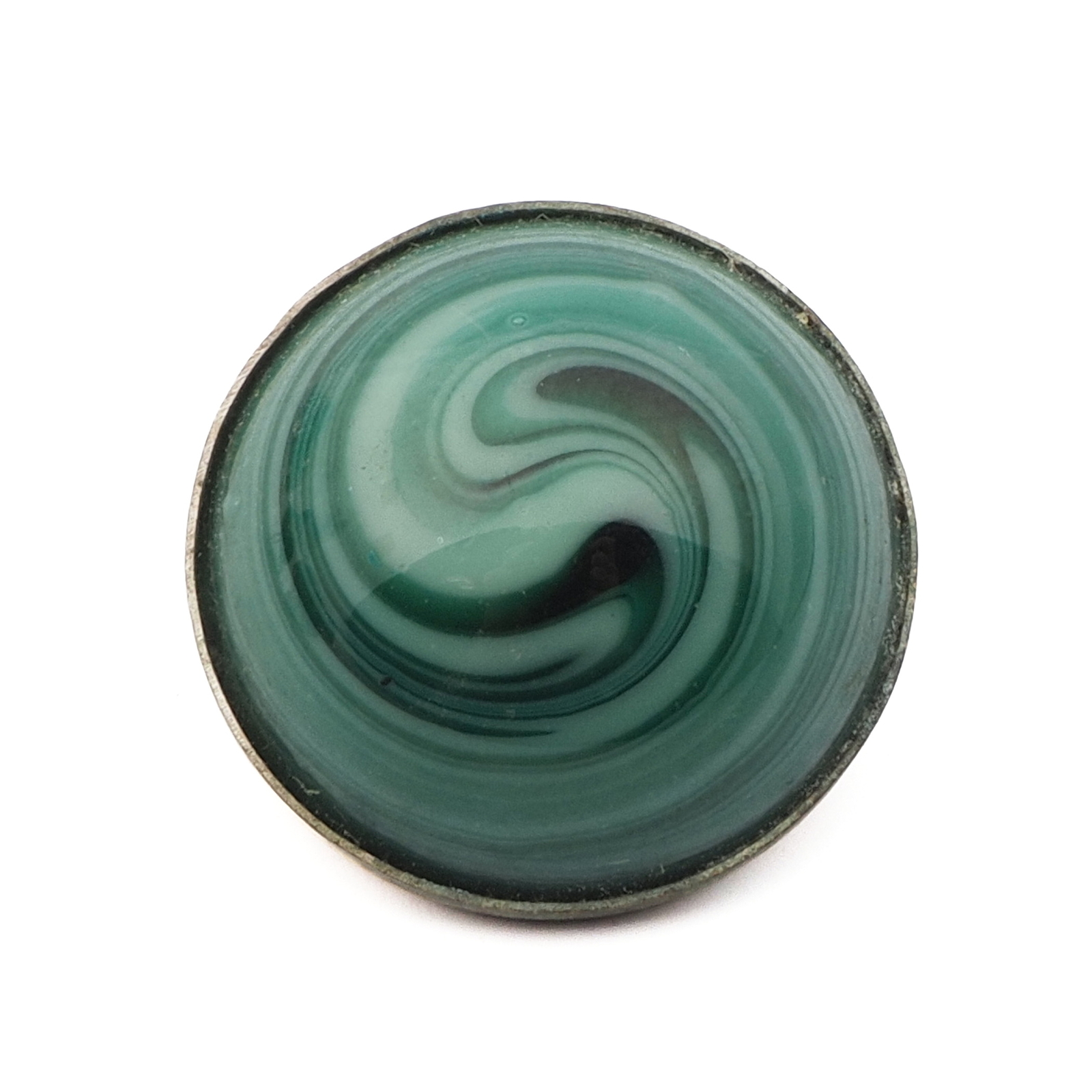 Vintage Czech 2 part silver mounted green swirl glass cabochon button 20mm